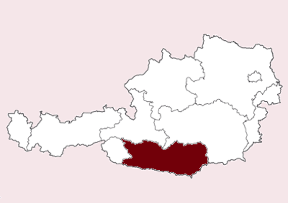 Österreichkarte bei der das Bundesland Kärnten hervorgehoben ist.
